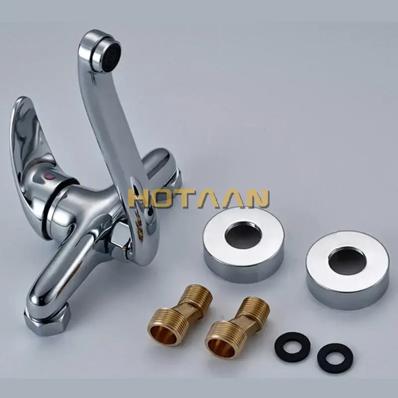 Modern chrome wall mounted kitchen tap with curved spout