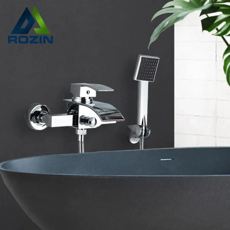 Modern chrome waterfall bathtub shower faucet with handheld showerhead