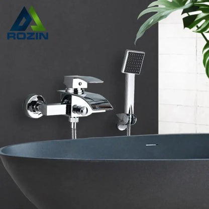 Modern chrome waterfall bathtub shower faucet with handheld showerhead