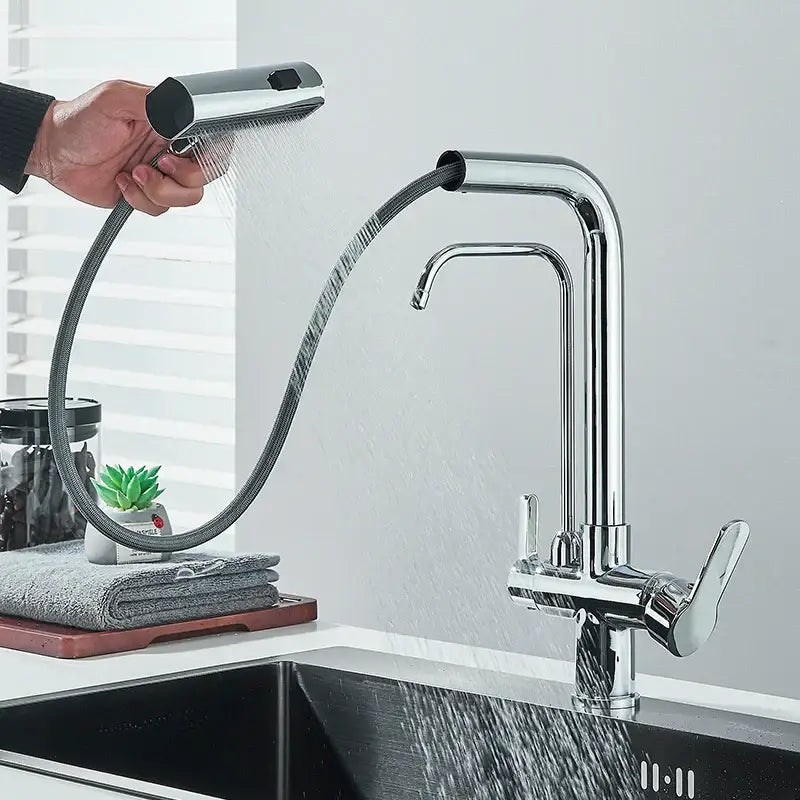 Modern chrome waterfall kitchen faucet with pull out spray