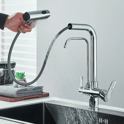 Modern chrome waterfall kitchen faucet with pull out spray