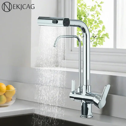 Modern chrome waterfall kitchen faucet with pull out spray