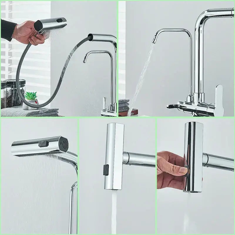 Modern chrome waterfall kitchen faucet with pull out spray