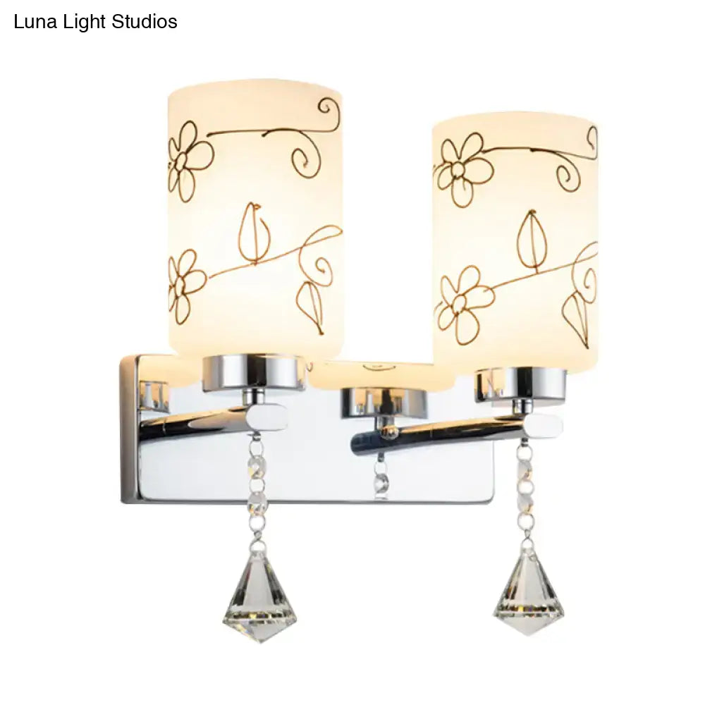 Modern chrome white glass cylinder wall sconce bedroom floral light