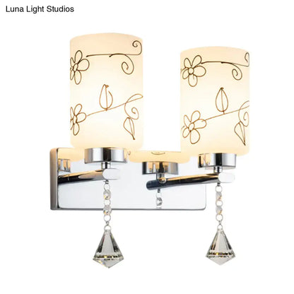 Modern chrome white glass cylinder wall sconce bedroom floral light
