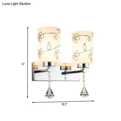 Modern chrome white glass cylinder wall sconce bedroom floral light
