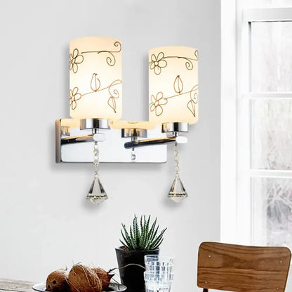 Modern chrome white glass cylinder wall sconce bedroom floral light
