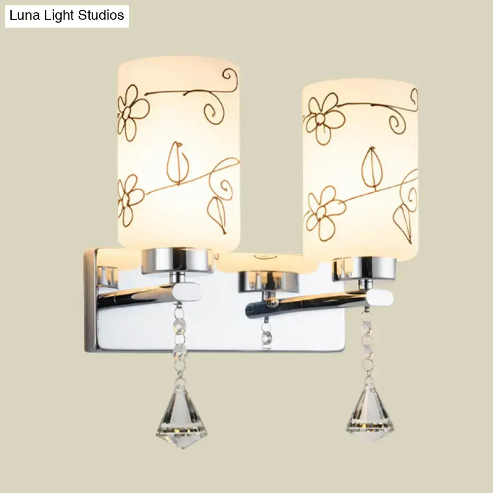 Modern chrome white glass cylinder wall sconce bedroom floral light