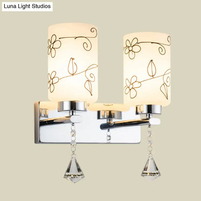 Modern chrome white glass cylinder wall sconce bedroom floral light