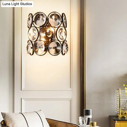 DecorBites™ Modern Circles Wall Mount Light with Clear Crystal and Metal Detailing - Black Finish, 2-Bulb Bedroom Wall Sconce