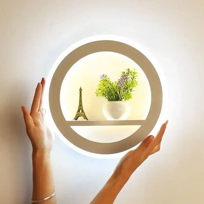 Modern circular dimmable led wall lamp with shelf for bedroom