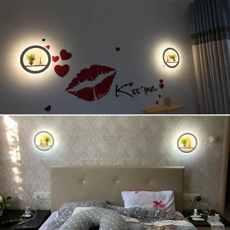 Modern circular dimmable led wall lamp with shelf for bedroom