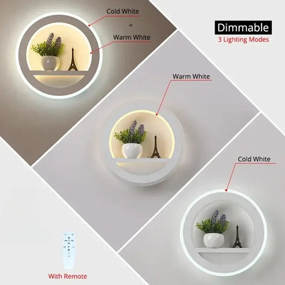Modern circular dimmable led wall lamp with shelf for bedroom