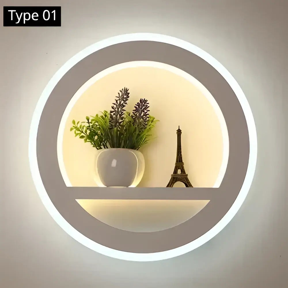 Modern circular dimmable led wall lamp with shelf for bedroom