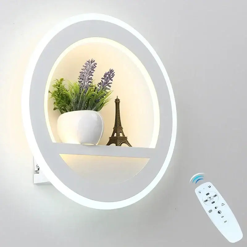 Modern circular dimmable led wall lamp with shelf for bedroom