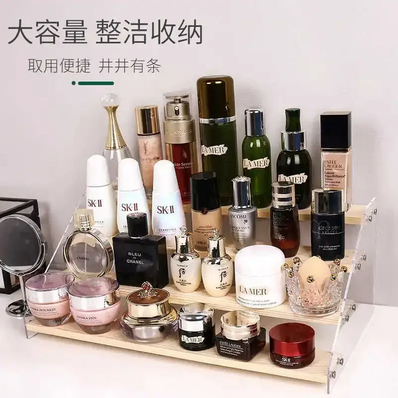 Modern clear acrylic and wood makeup organizer display – bedroom storage