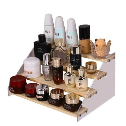 Modern clear acrylic and wood makeup organizer display – bedroom storage