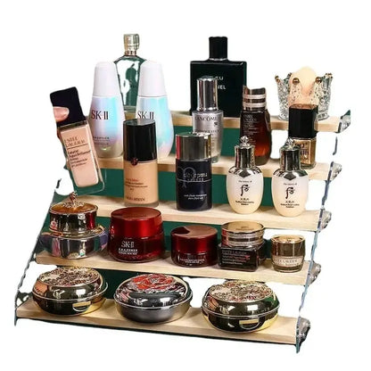Modern clear acrylic and wood makeup organizer display – bedroom storage
