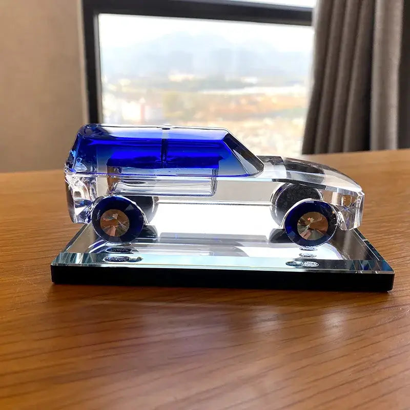 Modern clear & blue crystal car figurine living room glass decor