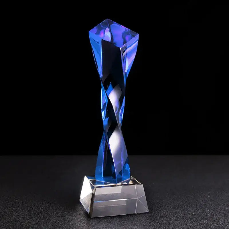 Modern clear & blue glass twisted column trophy office award