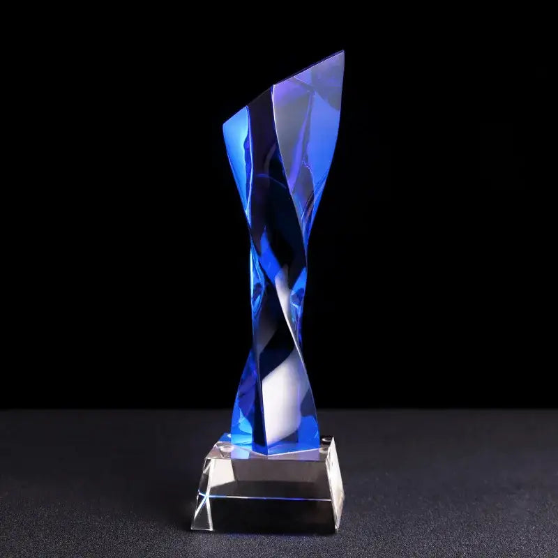 Modern clear & blue glass twisted column trophy office award