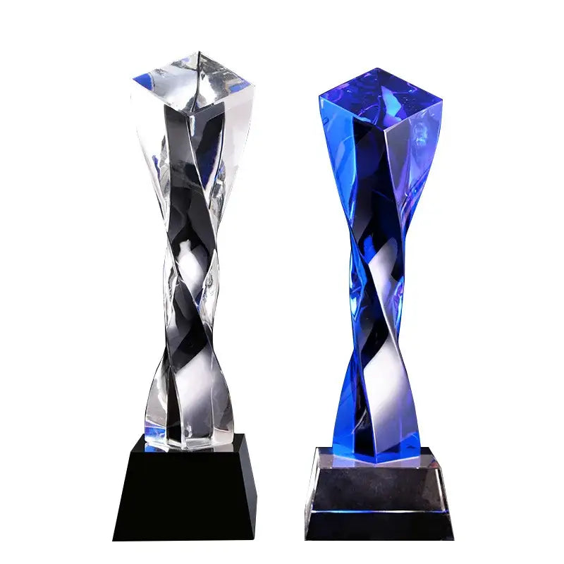 Modern clear & blue glass twisted column trophy office award