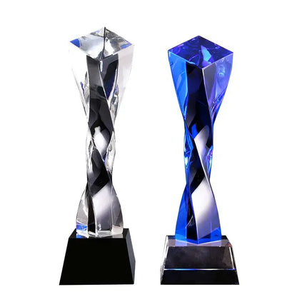 Modern clear & blue glass twisted column trophy office award
