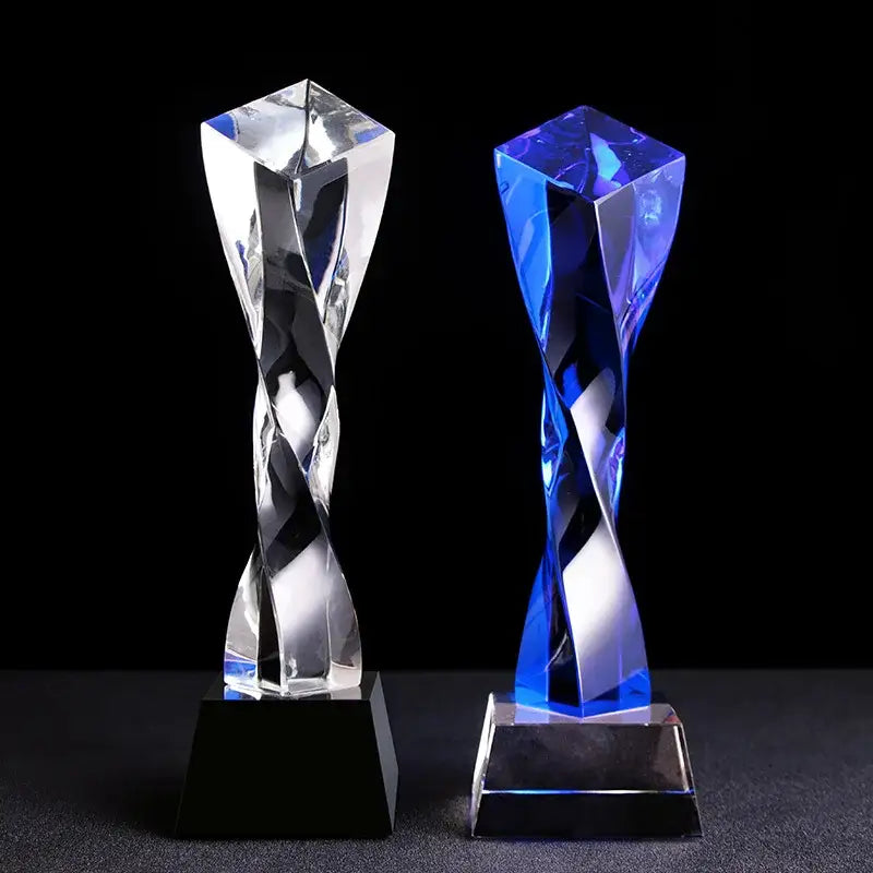 Modern clear & blue glass twisted column trophy office award