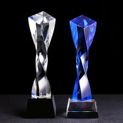 Modern clear & blue glass twisted column trophy office award