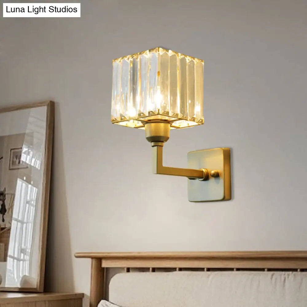 DecorBites™ Modern Clear Crystal Block Wall Sconce Light with Gold Finish – Ideal for Bedroom Lighting