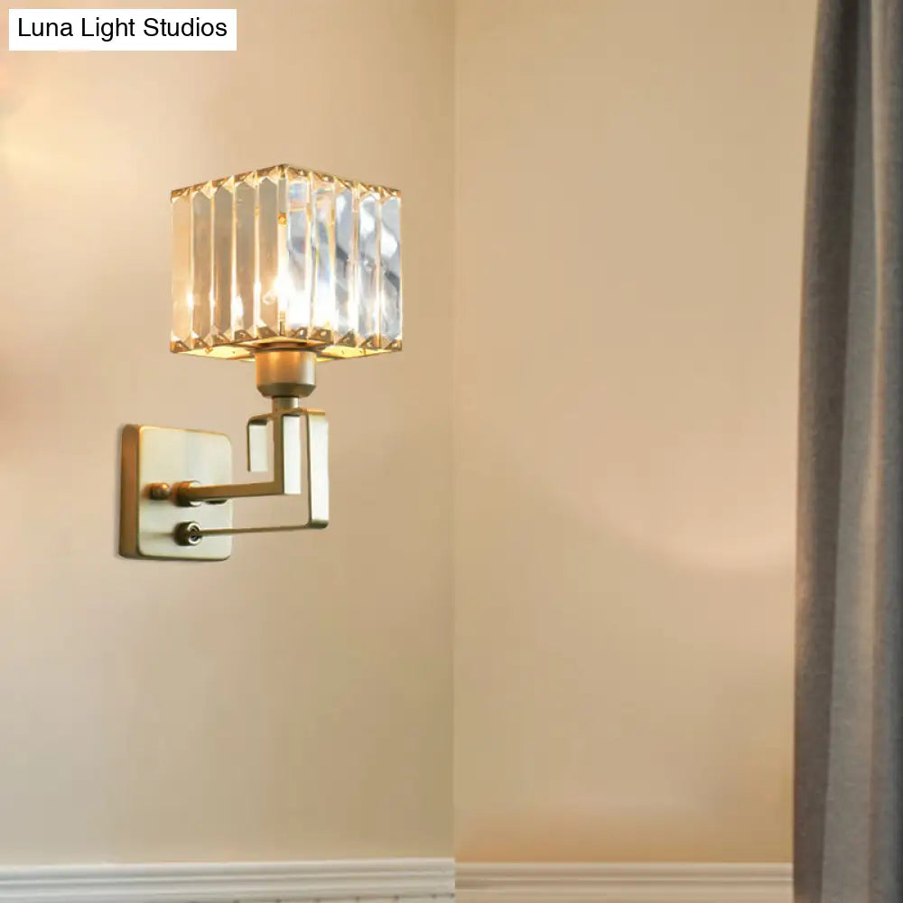 DecorBites™ Modern Clear Crystal Block Wall Sconce Light with Gold Finish – Ideal for Bedroom Lighting