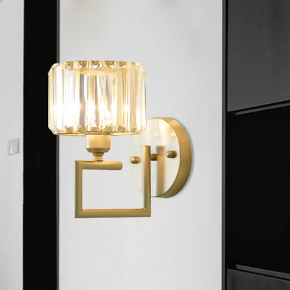 DecorBites™ Modern Clear Crystal Block Wall Sconce Light with Gold Finish – Ideal for Bedroom Lighting