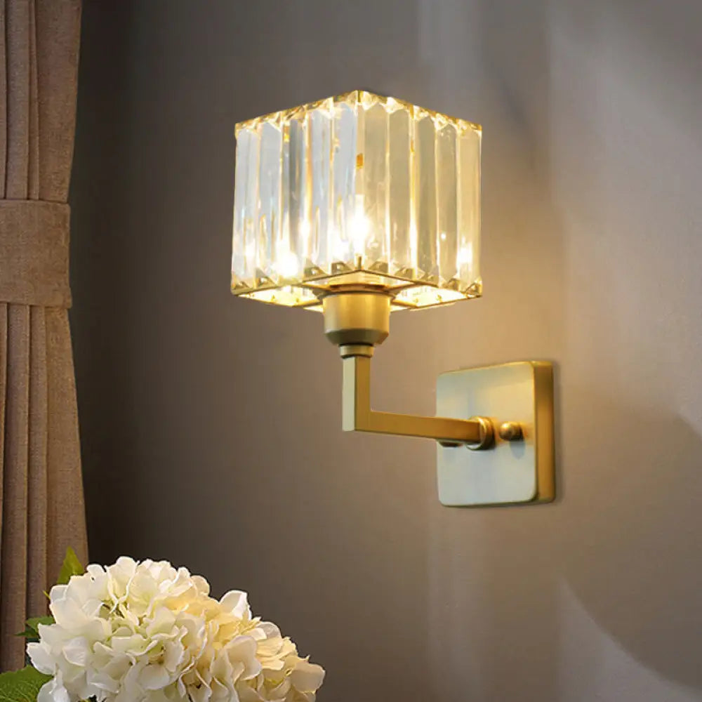 DecorBites™ Modern Clear Crystal Block Wall Sconce Light with Gold Finish – Ideal for Bedroom Lighting
