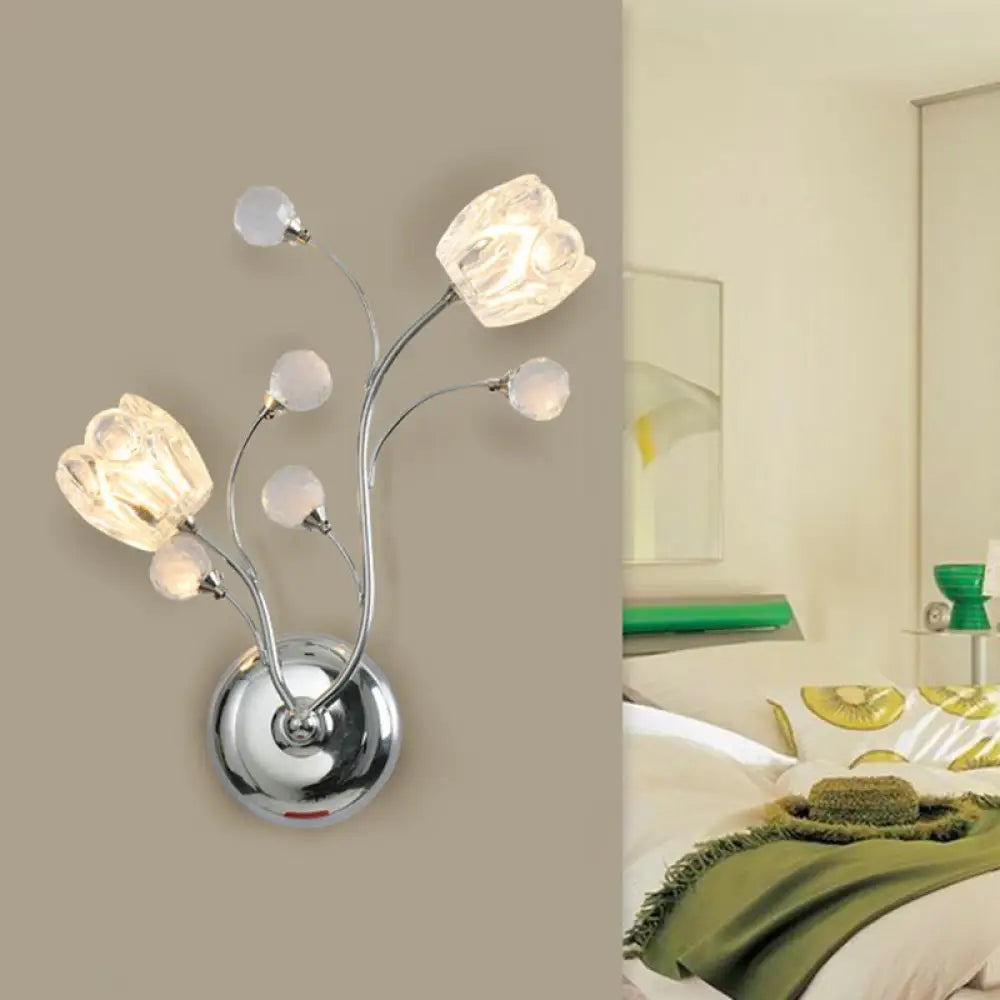 DecorBites™ Modern Clear Crystal Chrome Wall Lamp with Swirling Arm and Flower Shade- 2 Bulbs Surface Sconce