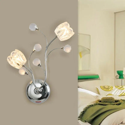 DecorBites™ Modern Clear Crystal Chrome Wall Lamp with Swirling Arm and Flower Shade- 2 Bulbs Surface Sconce