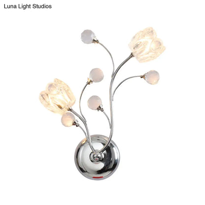 DecorBites™ Modern Clear Crystal Chrome Wall Lamp with Swirling Arm and Flower Shade- 2 Bulbs Surface Sconce