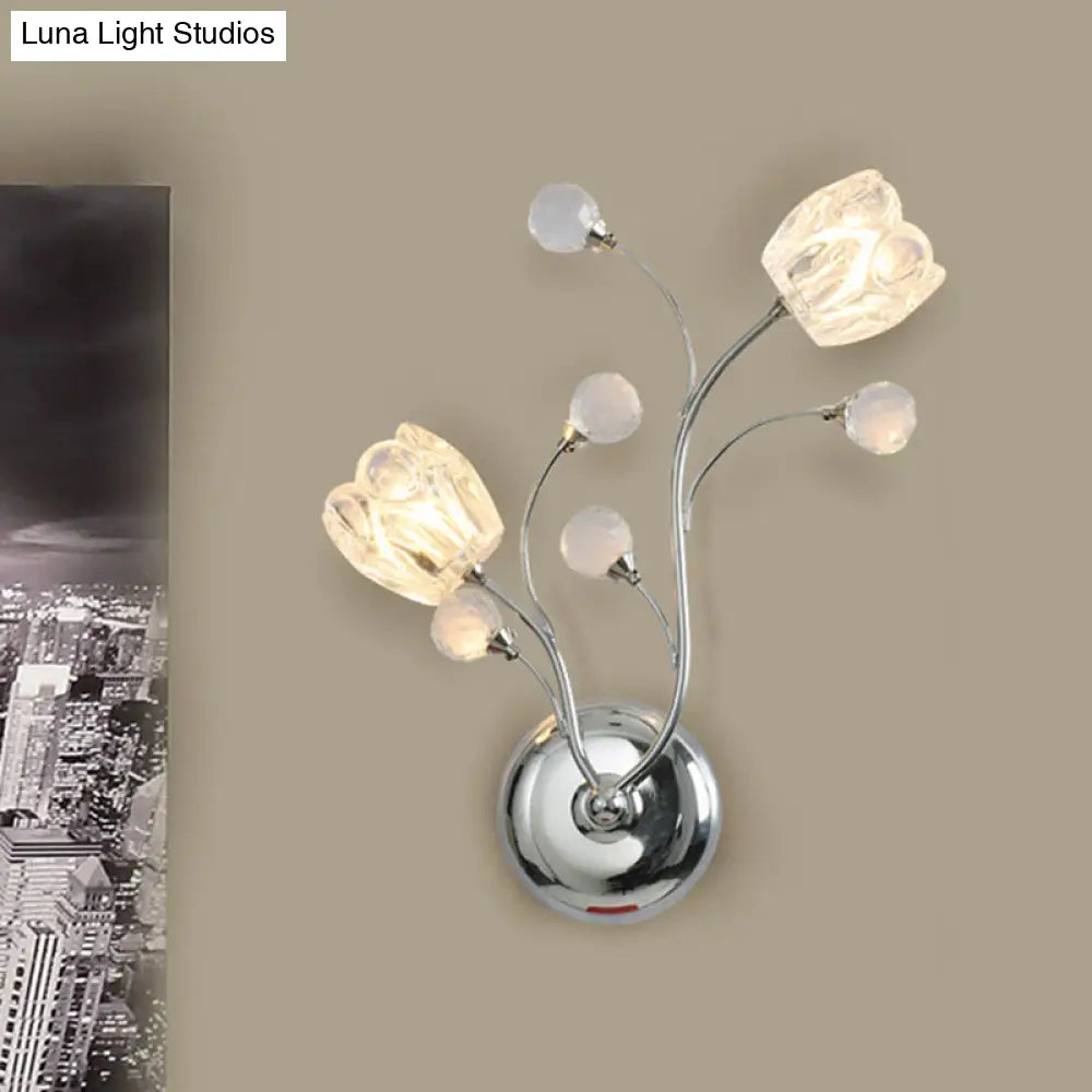 DecorBites™ Modern Clear Crystal Chrome Wall Lamp with Swirling Arm and Flower Shade- 2 Bulbs Surface Sconce