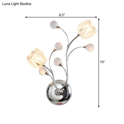 DecorBites™ Modern Clear Crystal Chrome Wall Lamp with Swirling Arm and Flower Shade- 2 Bulbs Surface Sconce