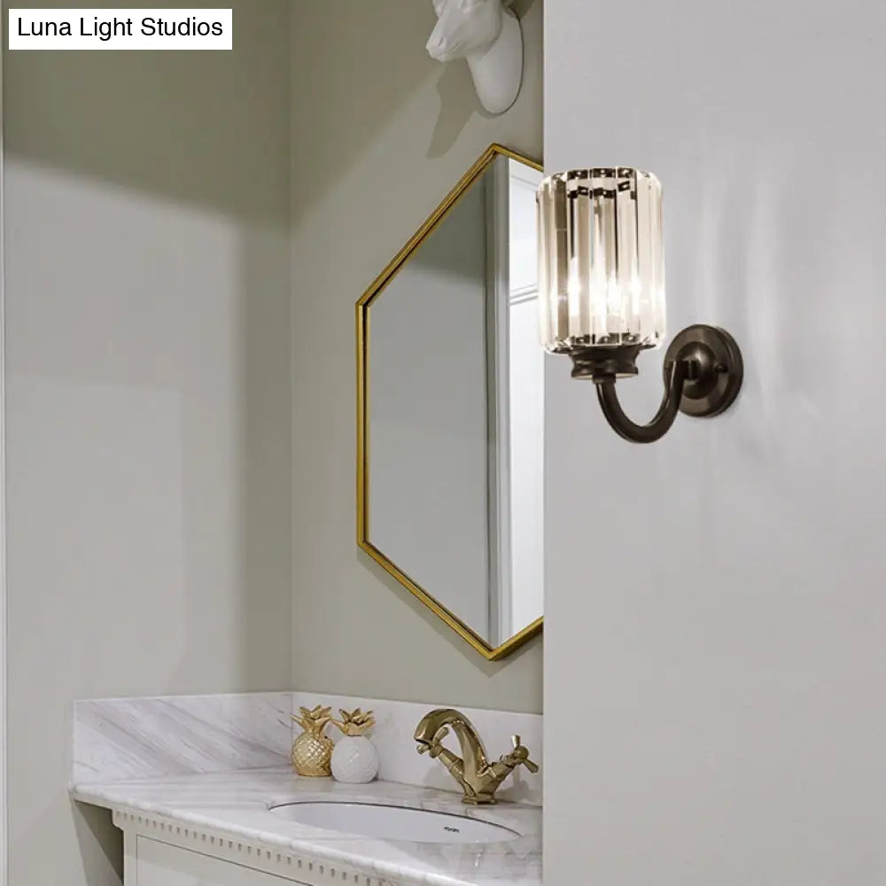 DecorBites™ Modern Clear Crystal Drum Wall Lamp with Metal Curved Arm - Black Sconce Light Fixture