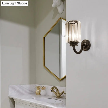 DecorBites™ Modern Clear Crystal Drum Wall Lamp with Metal Curved Arm - Black Sconce Light Fixture
