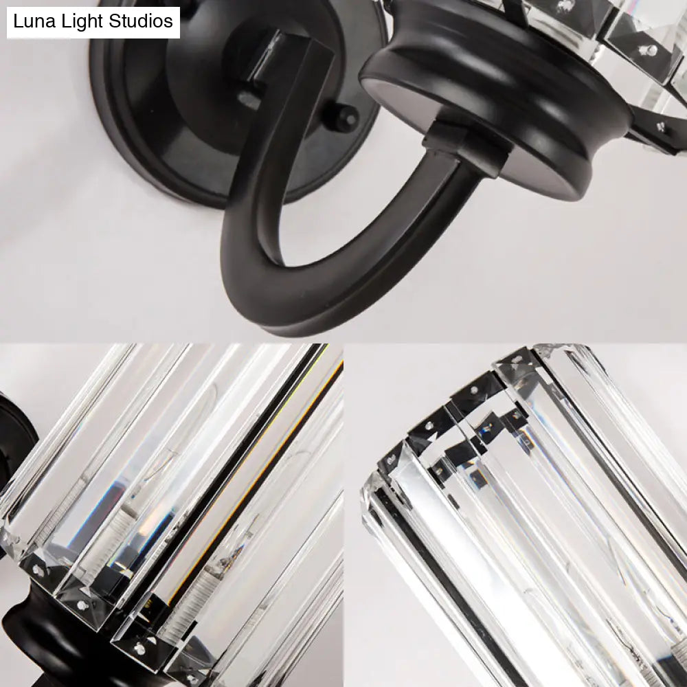 DecorBites™ Modern Clear Crystal Drum Wall Lamp with Metal Curved Arm - Black Sconce Light Fixture