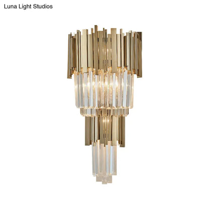 DecorBites™ Modern Clear Crystal Tiered 2-Bulb Golden Wall Sconce Light - 8"/12" W, Metal