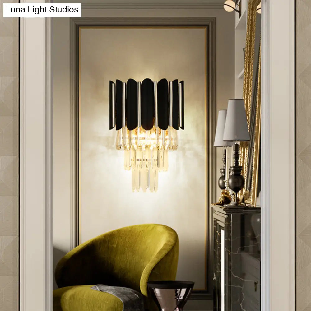 DecorBites™ Modern Clear Crystal Wall Sconce Light - Black, Tiered Design with 2 Lights