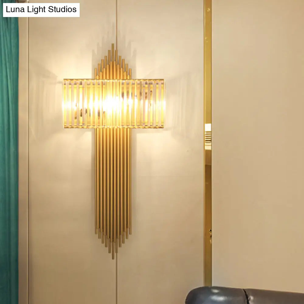 DecorBites™ Modern Clear Crystal Wall Sconce with 2 Golden Lights for Bedside - 14.5"/16.5" W Rectangular Wall Lighting Fixture