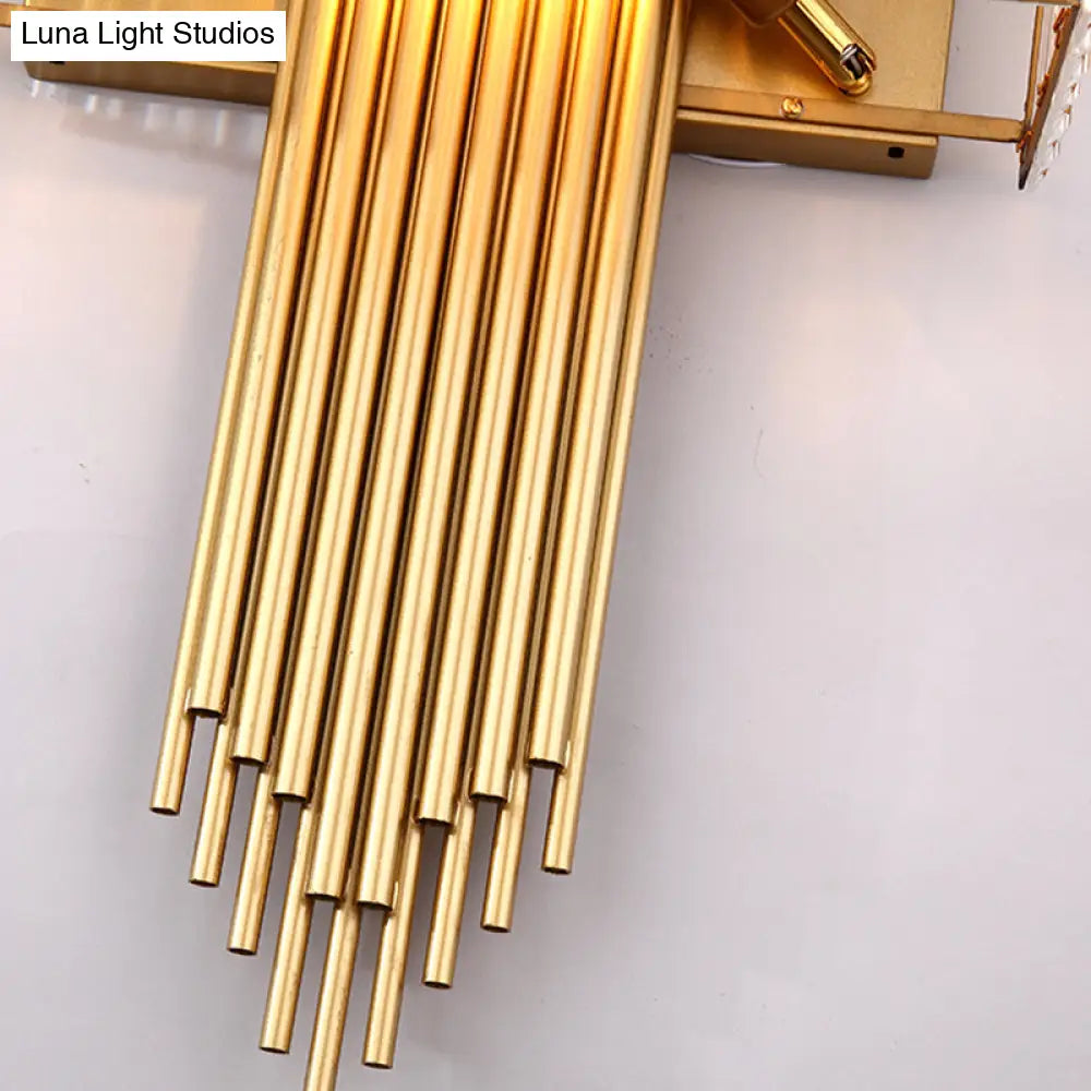 DecorBites™ Modern Clear Crystal Wall Sconce with 2 Golden Lights for Bedside - 14.5"/16.5" W Rectangular Wall Lighting Fixture