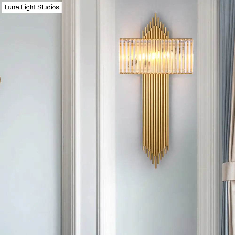 DecorBites™ Modern Clear Crystal Wall Sconce with 2 Golden Lights for Bedside - 14.5"/16.5" W Rectangular Wall Lighting Fixture