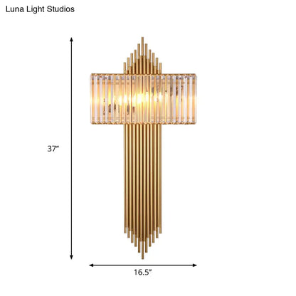 DecorBites™ Modern Clear Crystal Wall Sconce with 2 Golden Lights for Bedside - 14.5"/16.5" W Rectangular Wall Lighting Fixture