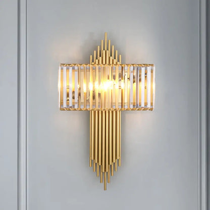 DecorBites™ Modern Clear Crystal Wall Sconce with 2 Golden Lights for Bedside - 14.5"/16.5" W Rectangular Wall Lighting Fixture