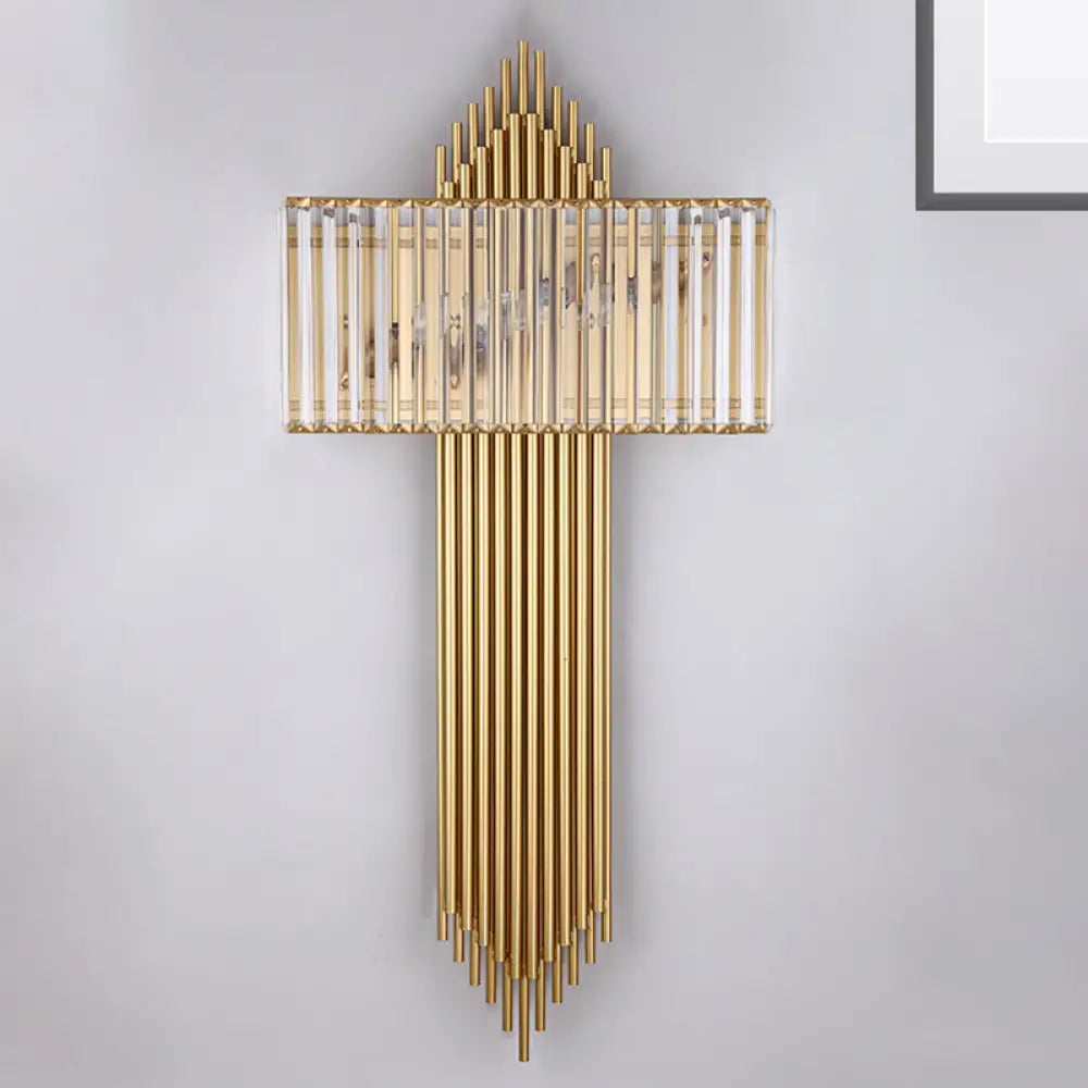 DecorBites™ Modern Clear Crystal Wall Sconce with 2 Golden Lights for Bedside - 14.5"/16.5" W Rectangular Wall Lighting Fixture