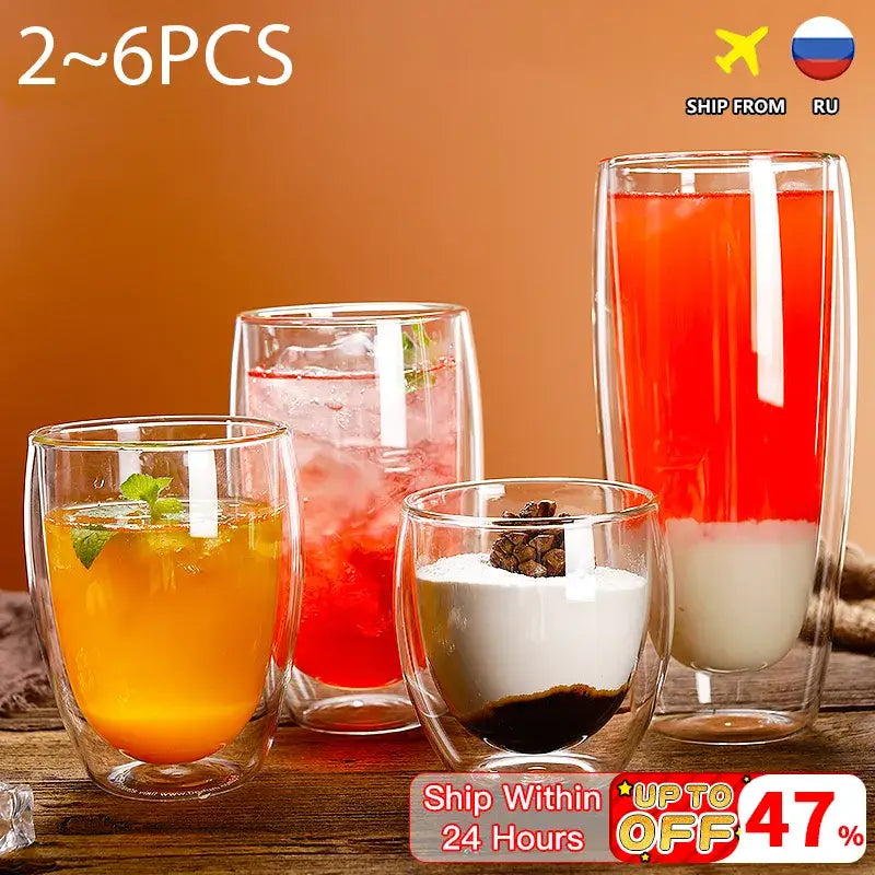 Modern clear double wall glass cup set dining room tumblers